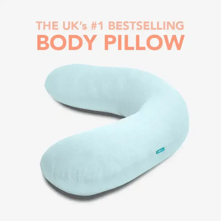 Light blue ergonomic body pillow in curved shape on white background with 'body pillow' text above.