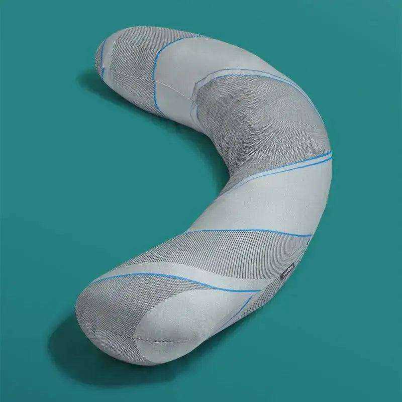 Ergonomic grey U-shaped body pillow with blue accents on teal background
