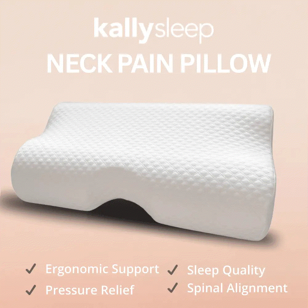 Contoured white neck pain pillow with ergonomic support, pressure relief, and spinal alignment benefits.