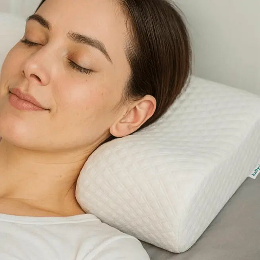 Woman resting on ergonomic memory foam pillow with quilted cover for neck support