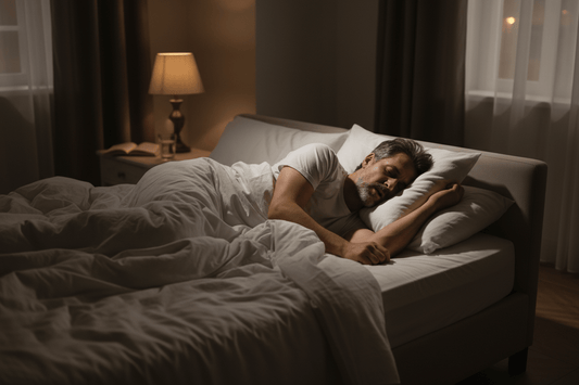 Man in bed sleeping and snoring with a dim bedside light on
