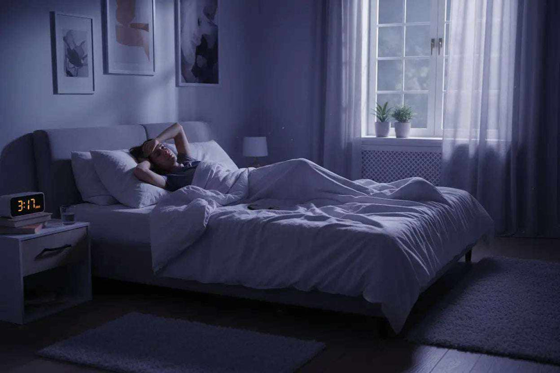 Illustration of insomnia symptoms including sleeplessness, stress, and fatigue causes and effects on sleep health