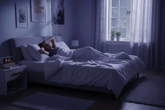 Illustration of insomnia symptoms including sleeplessness, stress, and fatigue causes and effects on sleep health