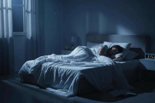 person struggling with sleep problems lying awake in bed at night