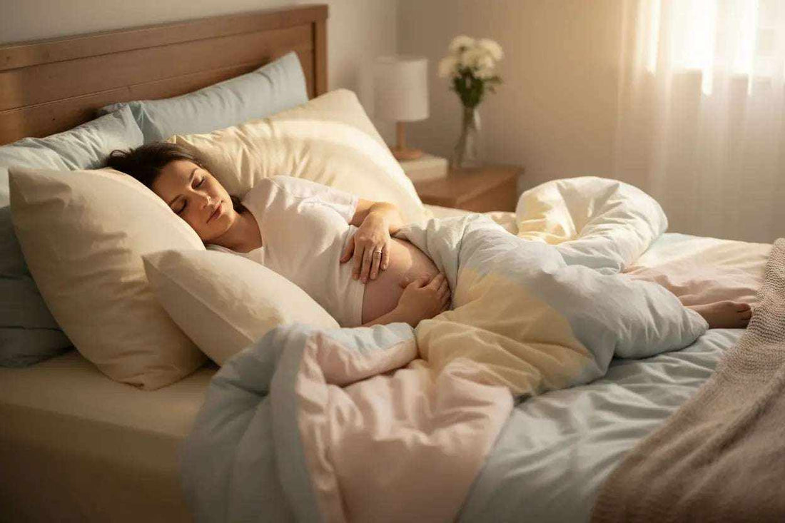 Pregnant woman resting in bed managing sleep problems during first trimester