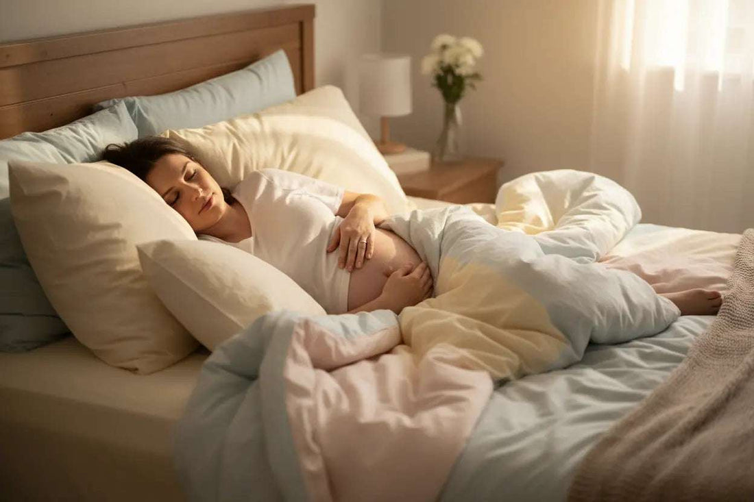 Pregnant woman resting comfortably in bed managing sleep problems during first trimester