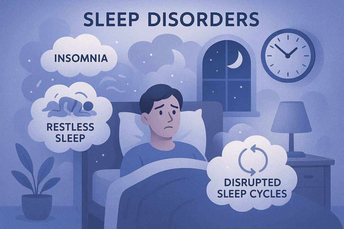 Illustration of common sleep disorders including insomnia, sleepwalking, restless legs syndrome, snoring, sleep apnea, and bruxism with management tips