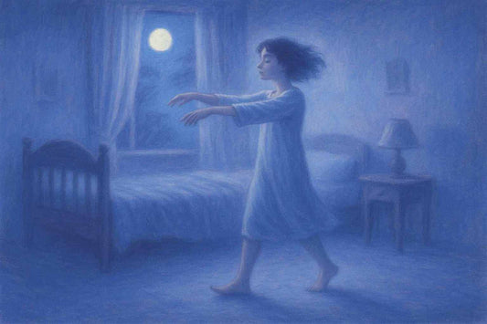 Diagram explaining the sleepwalking phenomenon with stages and safety tips