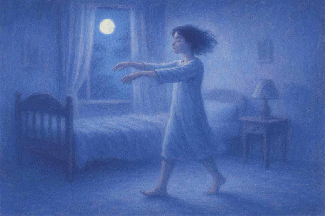 Diagram explaining the sleepwalking phenomenon with stages and safety tips