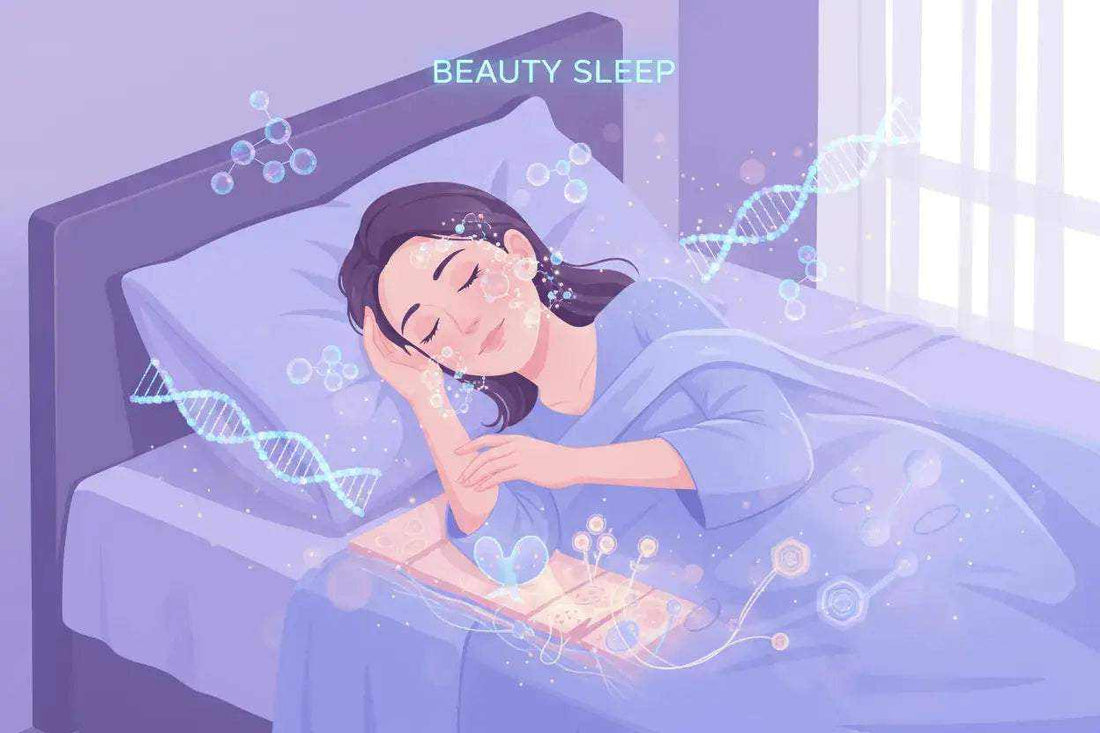 woman peacefully sleeping on a bed illustrating the benefits of beauty sleep and skin health