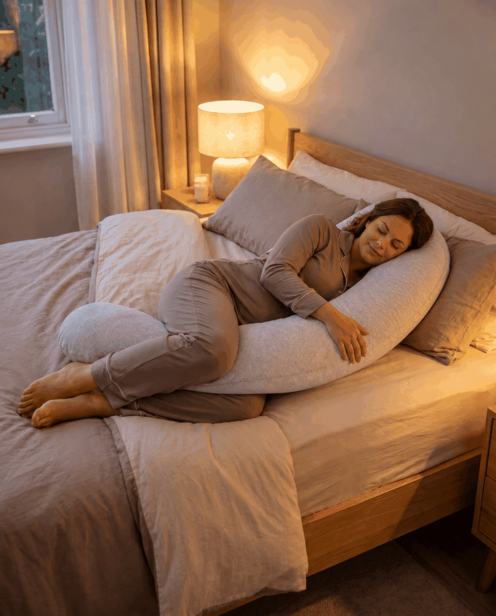 Woman lying on a U-shaped body pillow in a cozy bedroom.