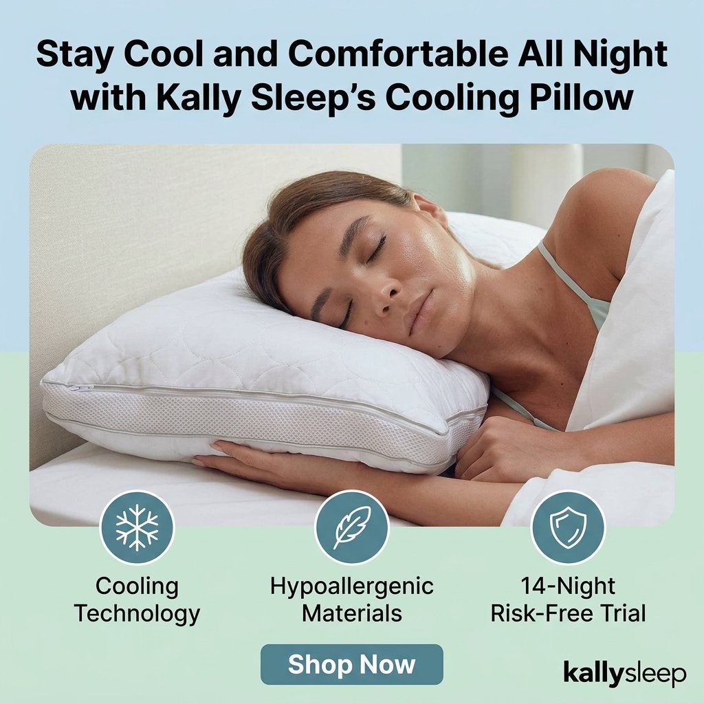 Woman sleeping with a cooling pillow, promotional image for Kally Sleep.