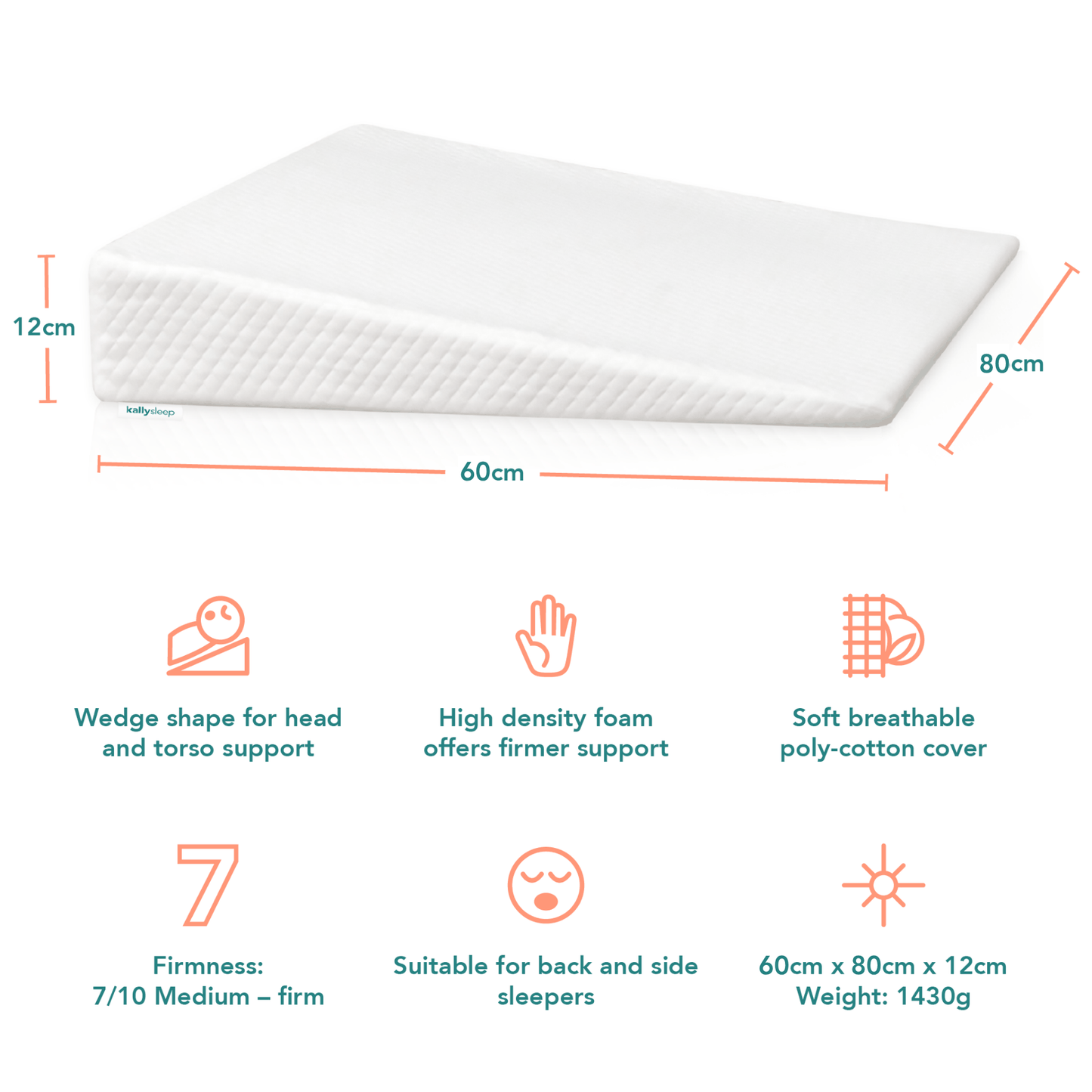 Acid reflux wedge pillow with angled memory foam and breathable washable cover for elevated upper body support