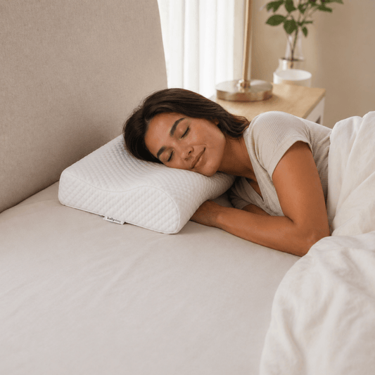 Woman sleeping on a bed with a white pillow, in a bedroom setting.