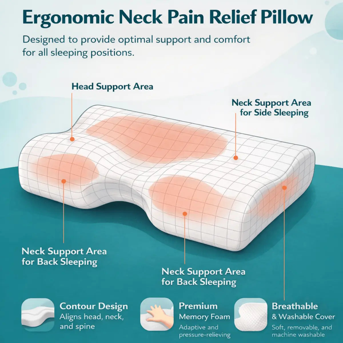 Ergonomic memory foam neck pain relief pillow with contoured support areas labelled for back and side sleeping.