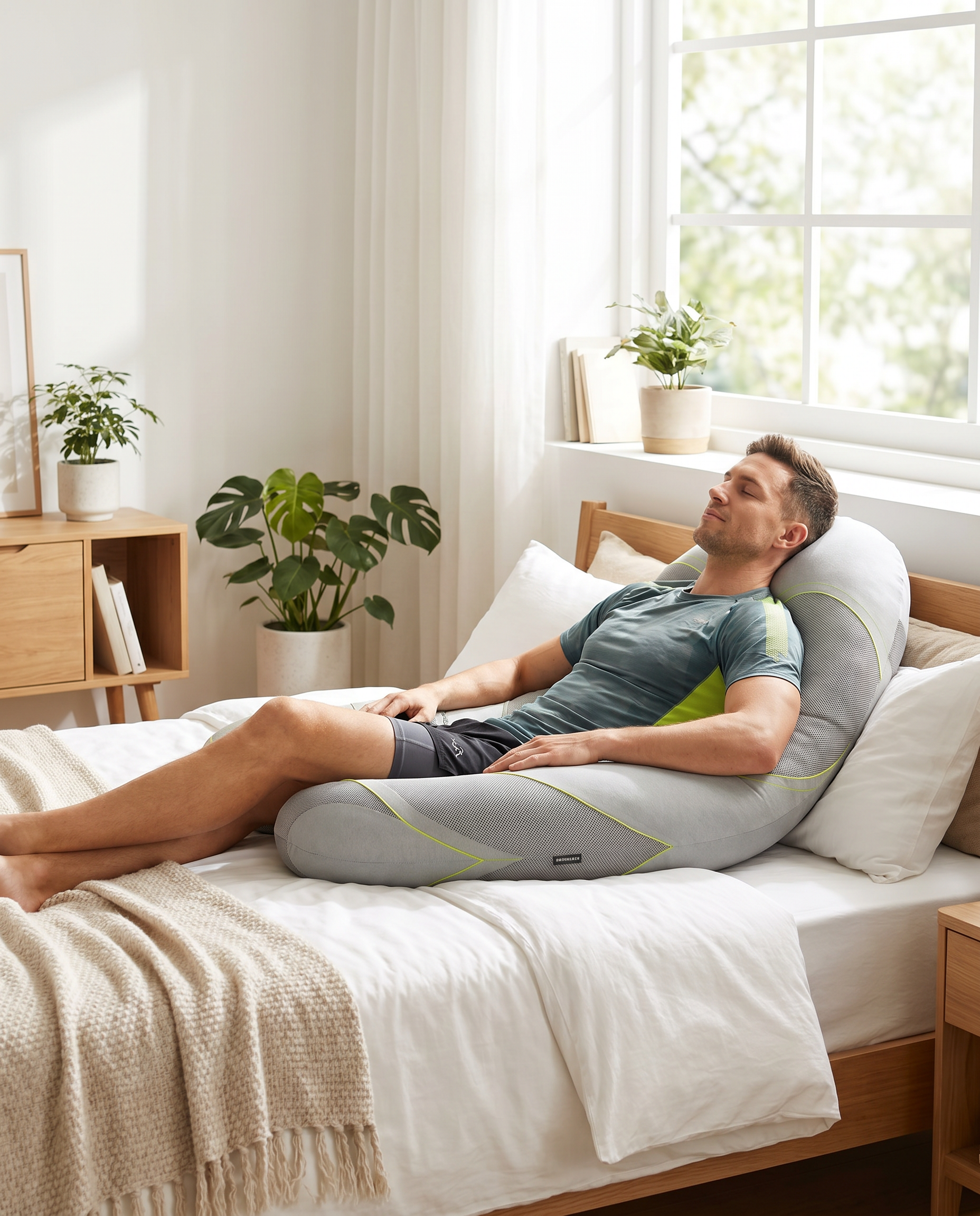 Ergonomic Sports Recovery Body Pillow with removable washable cover for muscle support and spinal alignment