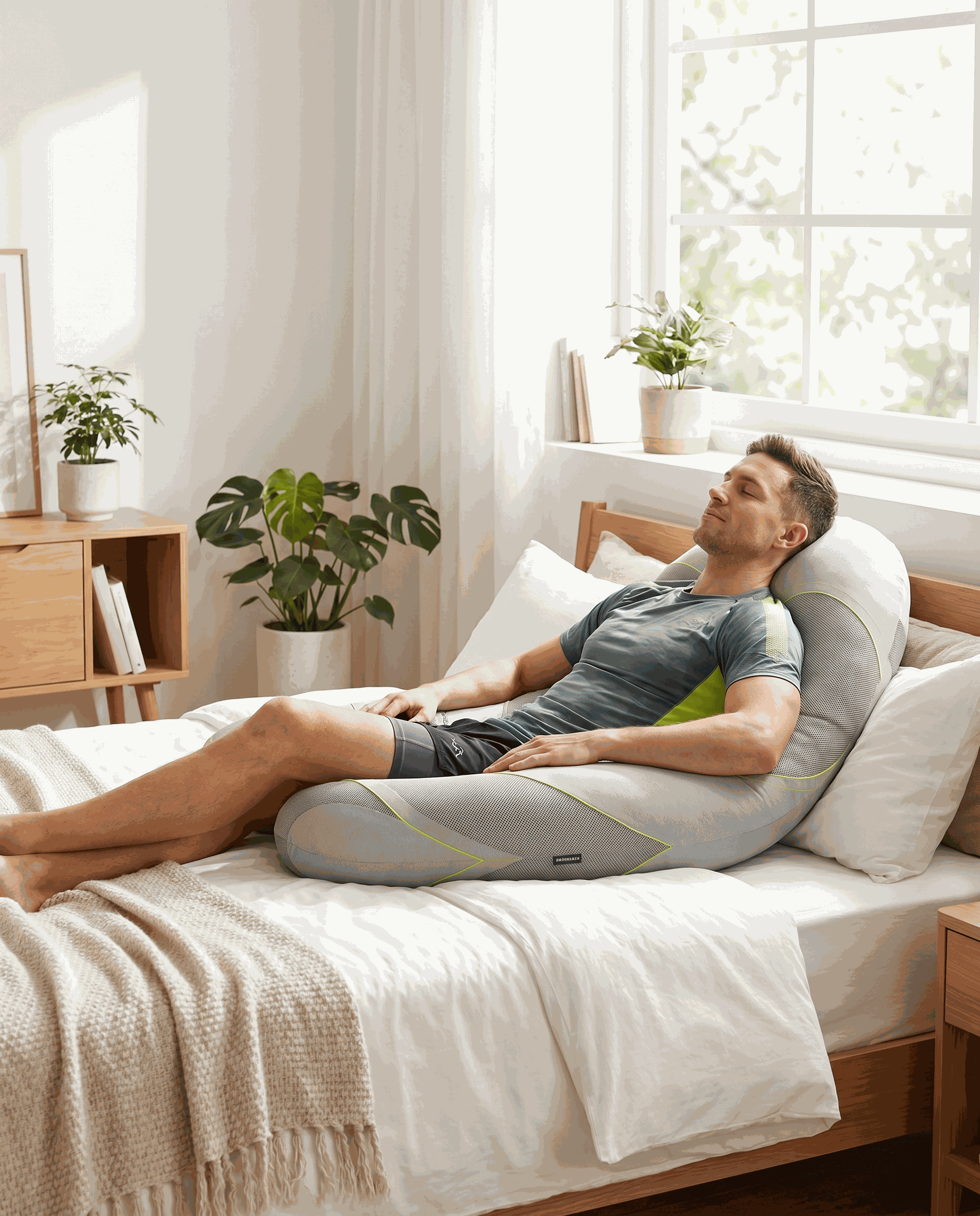 Ergonomic sports recovery body pillow with breathable, washable cover for muscle support and improved sleep quality