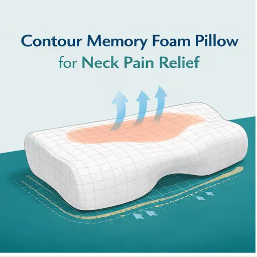 Contour memory foam neck pillow with ergonomic shape for neck pain relief