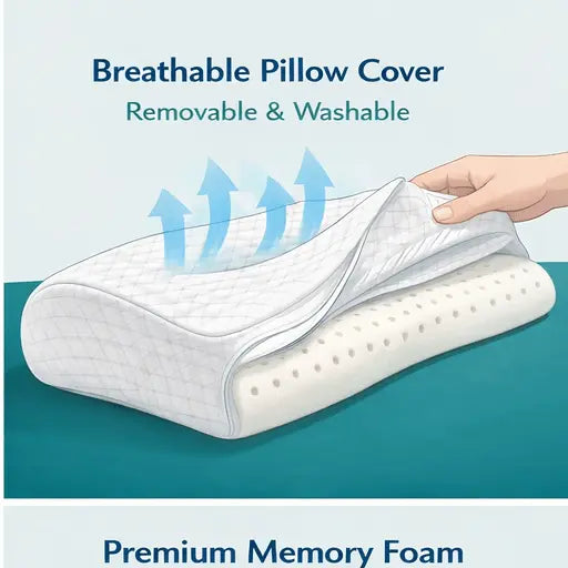 Ergonomic memory foam pillow with breathable removable washable cover, hand lifting fabric