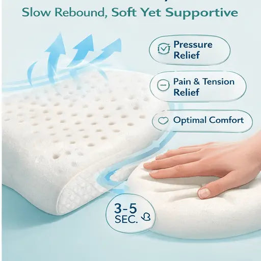 Hand pressing ergonomic memory foam pillow with airflow holes, showing pressure relief and comfort features.